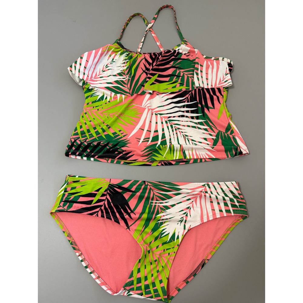 City Streets Pink Tropical Palm Leaf Ruffle Tankini Swimsuit Set Womens XXL 20.5
